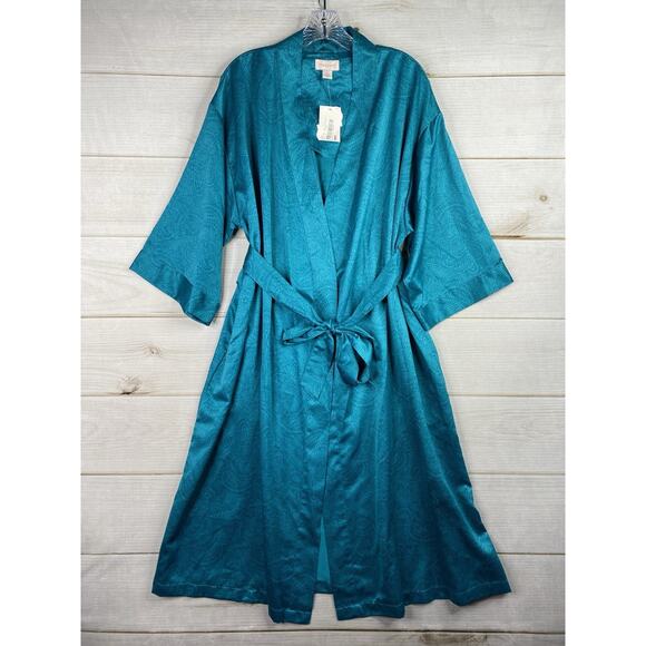 Cabernet Kimono Style Robe Sz L Turquoise Printed Belted Satin Long Classic NWT - Picture 1 of 8